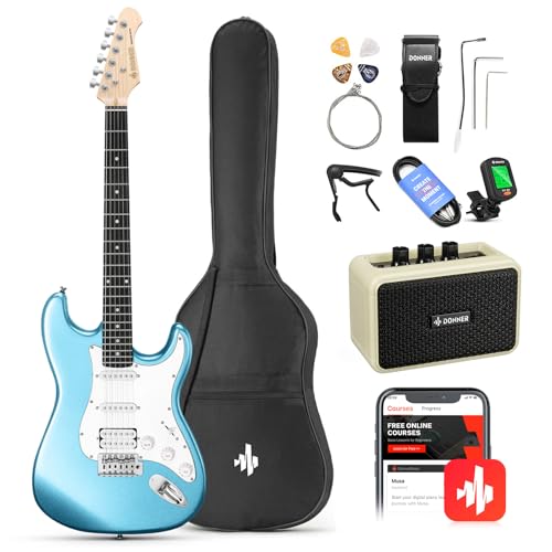 Donner DST-100B 39 Inch Electric Guitar Beginner Kit Solid Body Full Size Black HSS for Starter, with Amplifier, Bag, Digital Tuner, Capo, Strap, String,Cable, Picks