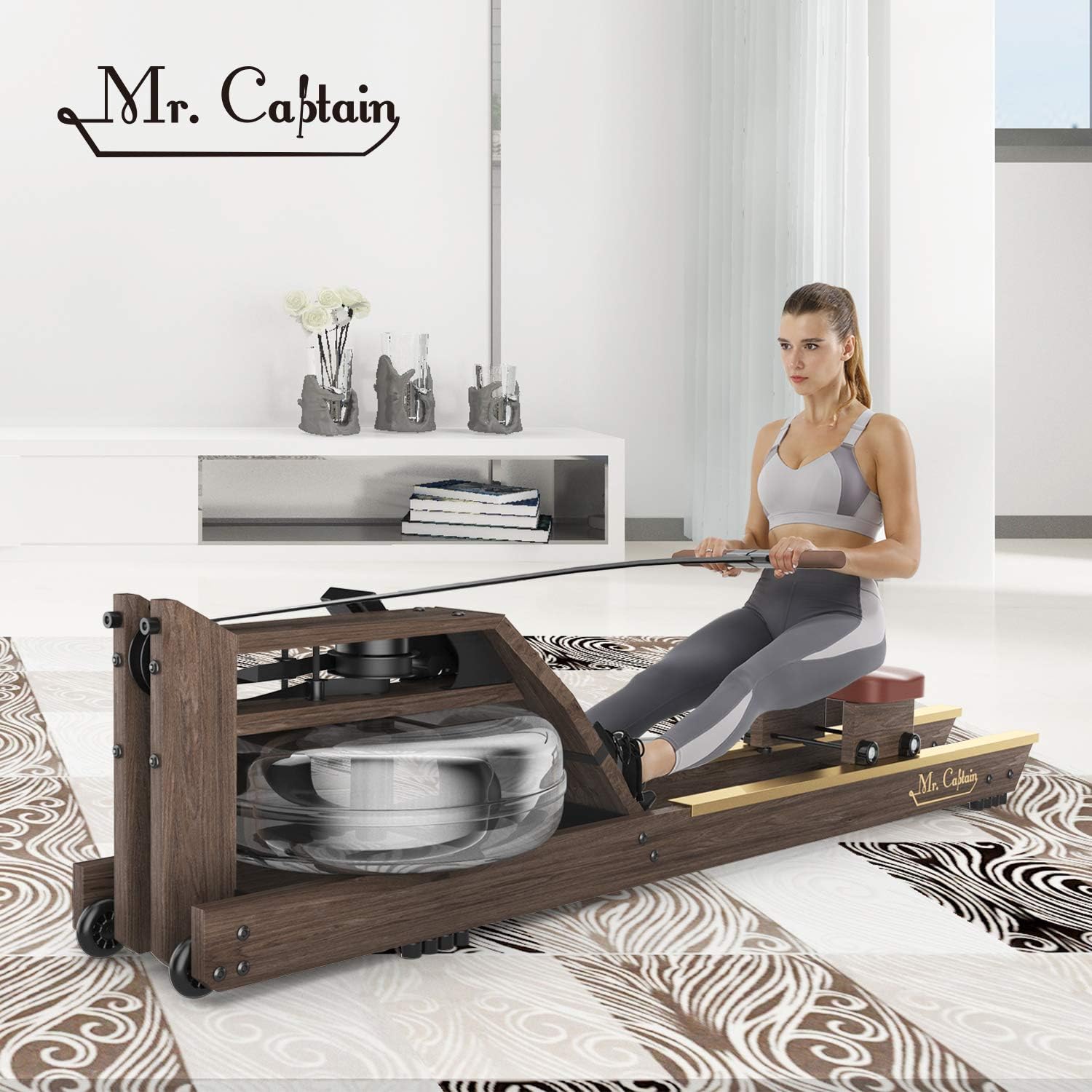 Mr. Captain Rowing Machine for Home Use,Water Resistance Vintage Oak Rower with Bluetooth Monitor