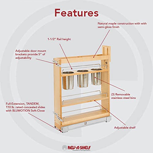 Rev-A-Shelf 5" Pull Out Storage Organizer for Base Kitchen Cabinets w/Soft-Close, Sliding Shelves for Utilities, Utensils or Spices, 448UT-BCSC-5C