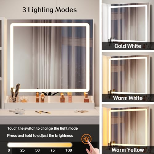 Haewon Makeup Vanity Desk with Mirror and Lights, White Vanity Table with Power Outlet and 3 Lighting Modes, Dressing Table Set with Cabinet Drawers Shelves and Storage Stool for Bedroom