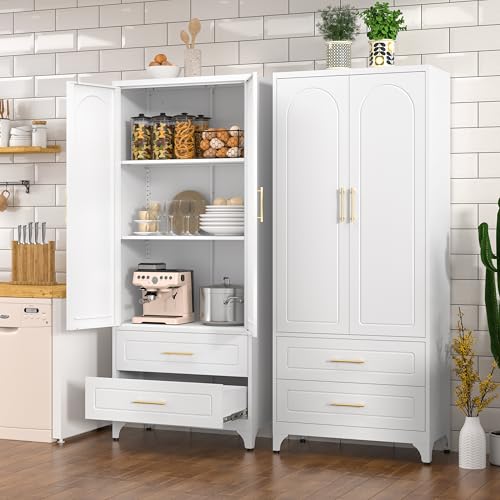 Metal Storage Cabinet with Doors and Shelves, 71 Inch Tall Kitchen Pantry Cabinet, Pantry Cabinets for Kitchen Storage, Freestanding Cupboard for Living, Dining Room, White, Assembly Required
