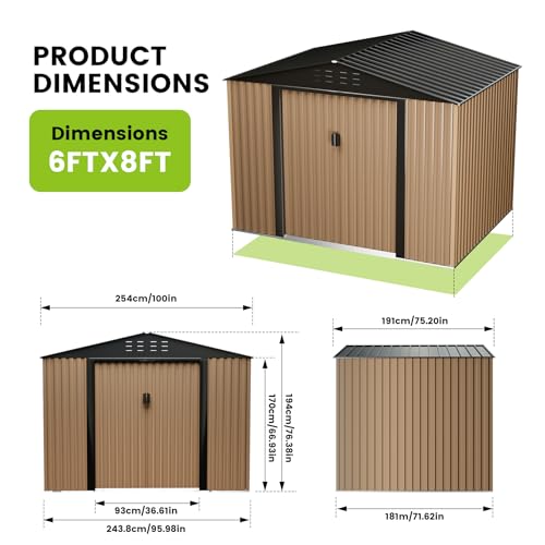 Outdoor Storage Shed, 8 x 6 FT Metal Storage Shed, Metal Garden Tool Shed with Roof, Door & Lock, Waterproof and Anti-UV, for Patio Garden Yard, Brown