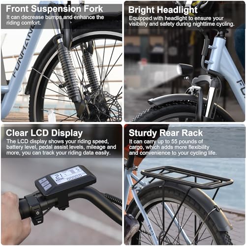 Electric Bike for Adults, 26" 1000W Peak City Cruiser Ebike, 21.7MPH 50 Miles Commuter Electric Bicycle with 48V 374.4WH Removable Li-ion Battery, Adjustable Stem, Rear Rack, Fenders, 7-Speed