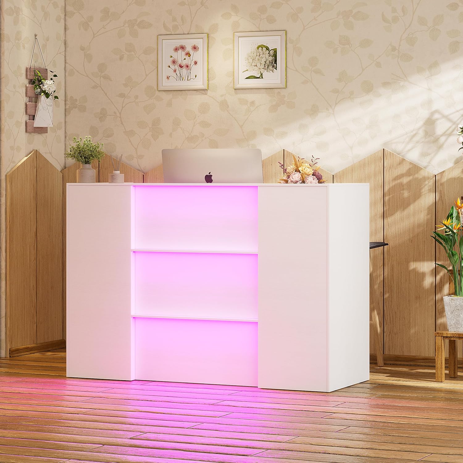 PAKASEPT 63 Inches Reception Desk, Front Desk with RGB LED Lights, Modern Reception Desk with Counter & Lockable Drawer & Open Shelves, Large Counter Table for Office Hotels, Flower Clothing Shops