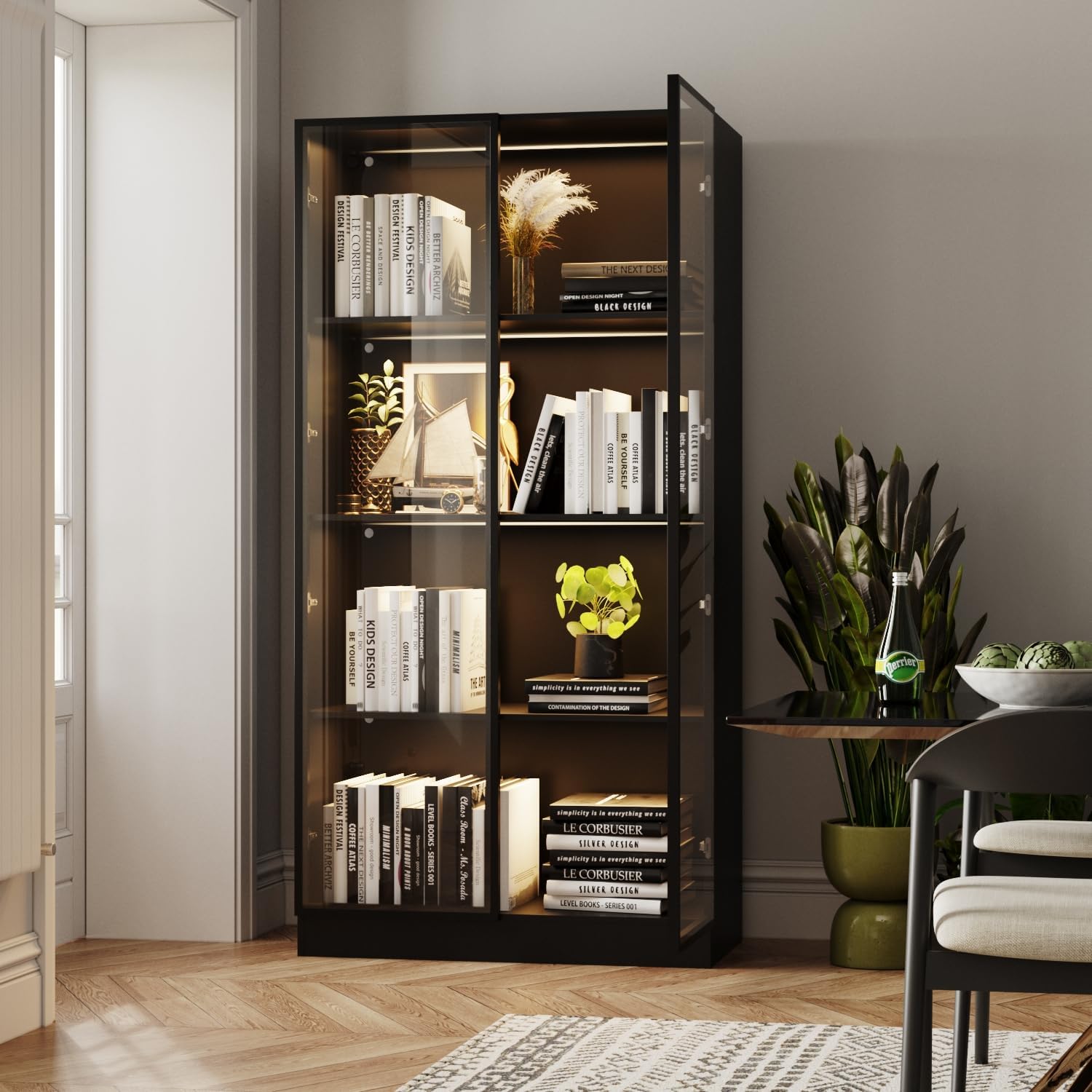 Display Cabinet with Glass Doors & Lights, 4-Tier Storage Cabinet Trophy Curio Display, Lighted Bookcase for Home Office, Black