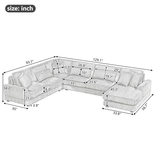 Oversized U-Shaped Sectional Sofa Couch Plush Corduroy Upholstered Modular Deep Seat Sofa&Couch Sectional W/Right Facing Chaise Lounge and 7 Toss Pillows for Home Apartment Living Room Furniture Sets