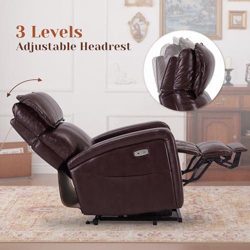 Power Lift Recliner Chair with Adjustable Headrest for Elderly, Electric Recliners with Heat & Massage, USB & Type C Ports, Reclining Single Sofa Chair, Leather