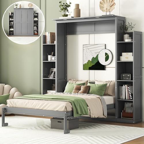 CITYLIGHT Full Size Murphy Bed with Storage Shelves and LED Lights, Easy Fold Wood Wall Bed, Space-saving Murphy Bed Cabinet for Guest Room Home Office, Grey