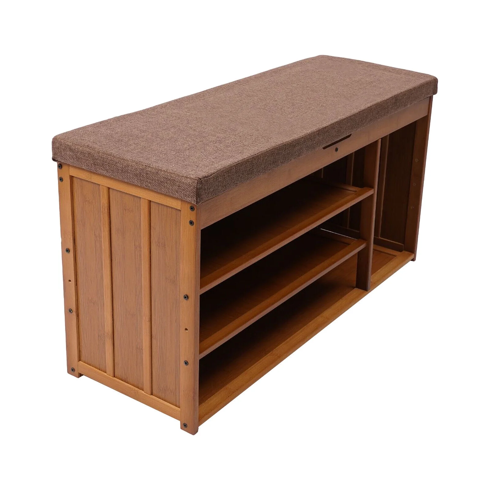 3 Tier Brown Shoe Bench Bamboo Shoe Rack Storage Cabinet Organizer W/Cushion for Entryway Bedroom