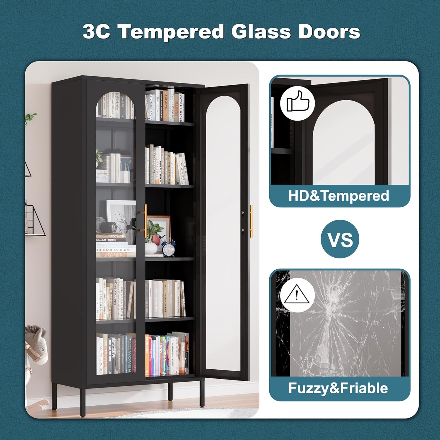 71" Tall Glass Display Cabinet,Curio Display Cabinet with 4 Adjustable Shelves,Metal Storage Cabinet with Glass Doors,Black Bookcase with Doors,Display Case for Home, School, Office,Kitchen