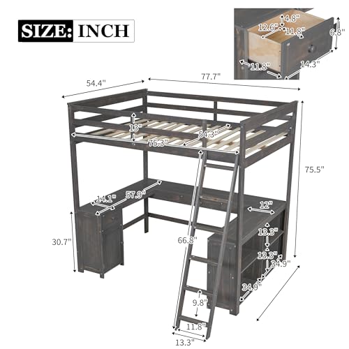 Harper & Bright Designs Full Size Loft Bed with Desk, Bookshelf, Solid Wood Loft Bed Frame with Storage Drawers and Bedside Tray, Charging Station (White)