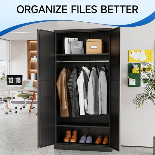 White Armoire Wardrobe Closet，71" Metal Clothing Storage Cabinets，with 2 Doors 2 Shelves Steel Wardrobe Storage，for Studio, Classroom, Garage, Gym Clothes Storage Organizer