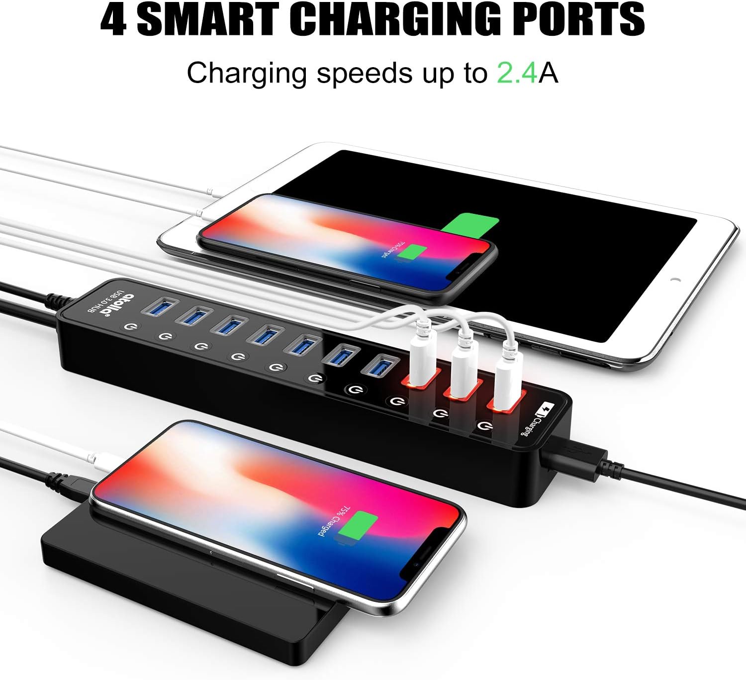 Powered USB 3.0 Hub, Atolla USB 3.0 Data Hub 11 Ports - 7 USB 3.0 Data Ports + 4 Smart Charging Port with Individual On/Off Switches and 12V/4A Power Adapter USB Hub 3.0 Splitter Pack of 2