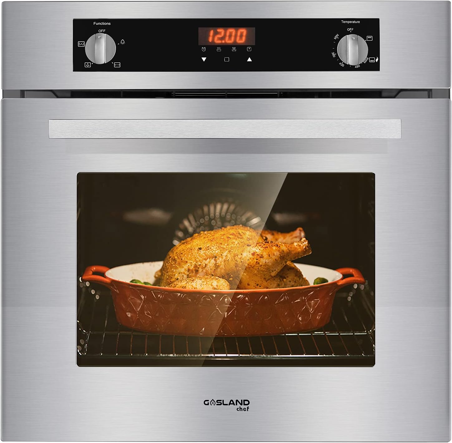 Single Wall Oven, GASLAND Chef 24 Built-in 6 Cooking Function Gas Wall Oven, with Rotisserie, Digital Display, Mechanical Knob Control, Stainless Steel Finish