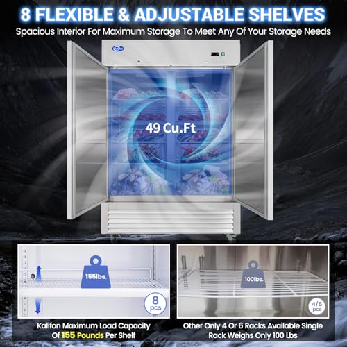 54"W Commercial Freezer 2 Solid Door, 49 Cu.ft Reach-in Stainless Steel Freezer, Upright Fan Cooling for Restaurant, Bar, Home, Shop (Equip 8 Shelves) - kalifon Warehouse Shipments
