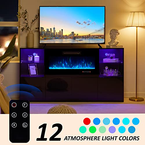 AMERLIFE Modern High Gloss 68" Fireplace TV Stand, Fireplace Entertainment Center with Fireplace & LED Lights for TVs up to 78", TV Console Cabinet with Adjustable Glass Shelves for Living Room, White