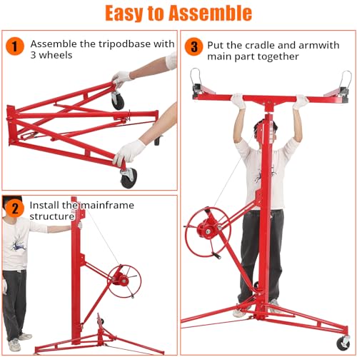 Drywall Lift 11FT, Drywall Jack Lift for Ceiling, Adjustable Panel Hoist, 150LBS Heavy Duty Drywall Lifter, 3 Lockable Wheels Foldable Sheetrock Lift for Home Improvement, Red