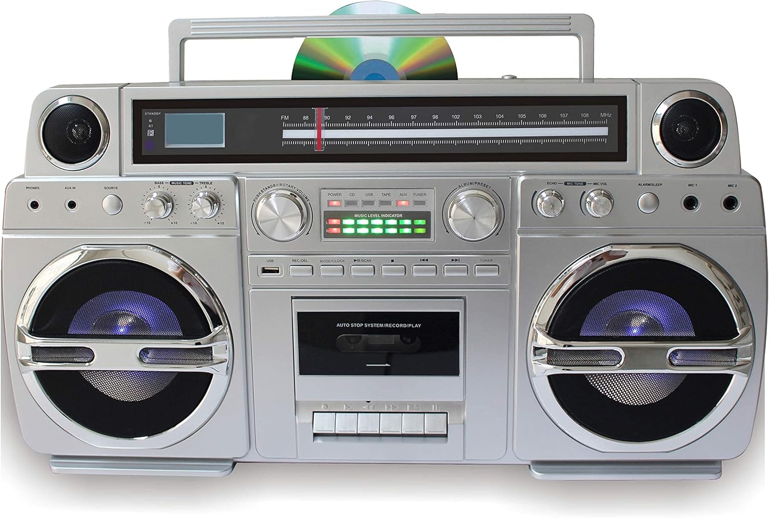 TechPlay Monster 1980S-Style Boom Box CD Player, Cassette Player/Recorder, AM/FM, USB, Bluetooth Speaker with Built-in Rechargeable Battery