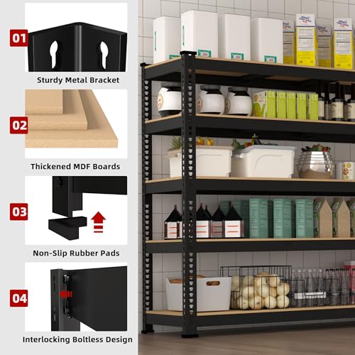 5 Tier Garage Storage Shelves - 32" W x 16" D x 63" H Adjustable Heavy Duty Metal Shelving Unit, Garage Shelving Utility Storage Rack for Basement, Pantry, Kitchen, Black, 2 PCS
