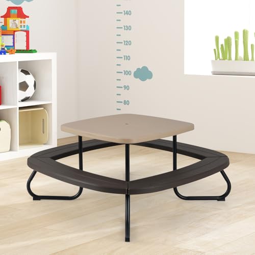KOTEK 8-Person Kids Picnic Table, Toddler Activity Table with Removable Umbrella, 4 Built-in Benches, HDPE Top & Metal Frame, Kids Outdoor Table for Patio Garden Backyard (Blue+Red)