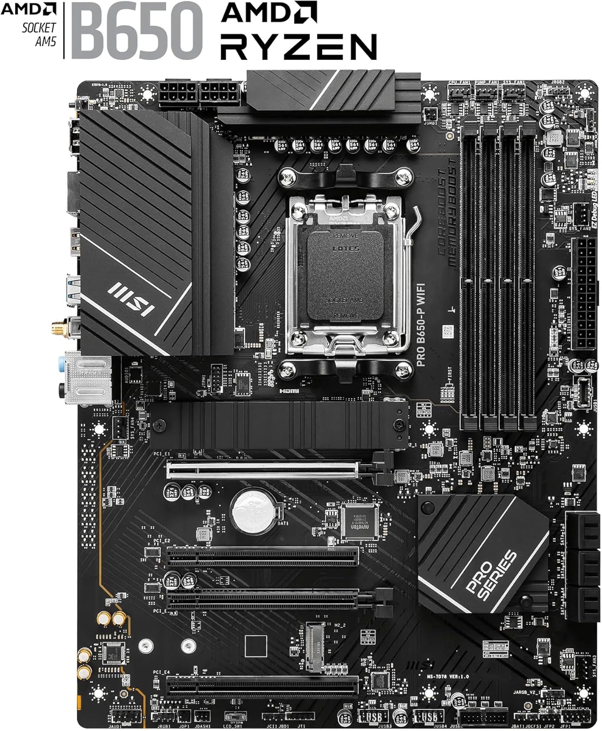 MSI PRO B650-P WIFI AMD AM5 ATX Motherboard, 4x DDR5 ~128GB, 1x PCI-E x16, 2x M.2, 6x SATA, 8x USB 3.2, 1x USB Type C
