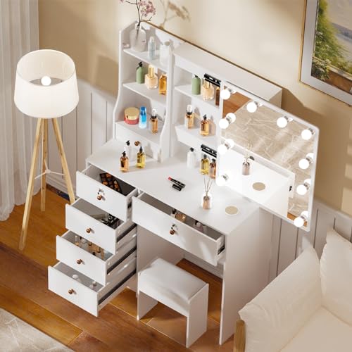 Vanity Desk with Mirror with Lights and Large Drawers, 3 Color Modes Dimmer Switch 10 Light Bulbs Makeup Vanity Set with Cushioned Stool for Girls, Women. White