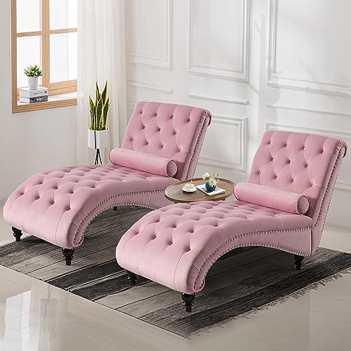 Chaise Lounge Chair Indoor, Modern Button Tufted Velvet Upholstered Leisure Accent Chair with Solid Wood Legs & Lumbar Pillow, Recliner Sofa Single Sleeper Sofa for Living Room, Bedroom, Pink