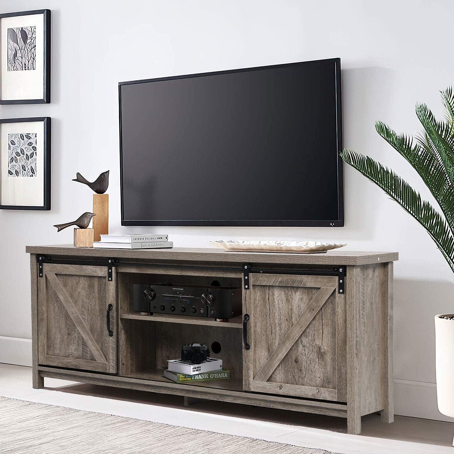 Farmhouse TV Stand for 65+ inch TV with Sliding Barn Door Entertainment Center with Storage for Living Room, Modern Console Storage Cabinet, Adjustable Shelves, Espresso