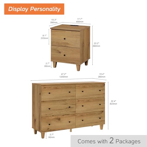 WAMPAT TV Stand with 6 Drawers for 55 Inches TVs & 1 End Table with 2 Drawers and Charging Station for Bedroom, 2 Pieces Modern Wood Living Room Funiture Table Sets, Oak Brown