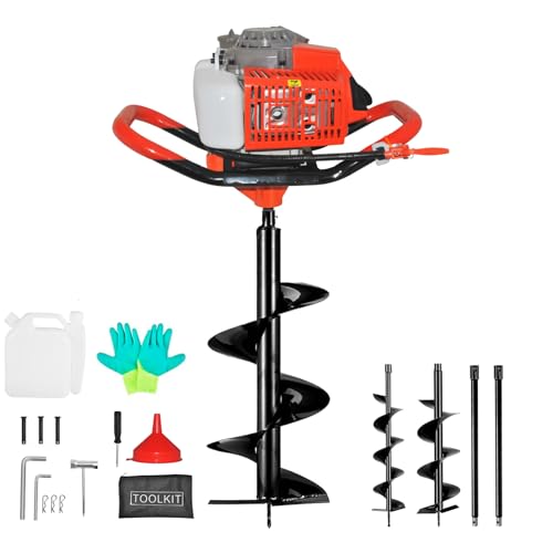 85cc 4HP Post Hole Digger Gas Powered, Gas Earth Auger/Ice Auger, with 3 Drill Bits 4"/8"/12" + 2 Extension Bar, One Man Earth Auger for Planting Fence, EPA Compliant Post Hole Auger