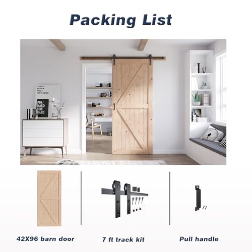 FREDBECK 48in x 80in Sliding Wood Barn Door with 8FT Barn Door Hardware Kit Included K Shape Solid Spruce Panel Sliding Door Double Surfaces Need to Assembly