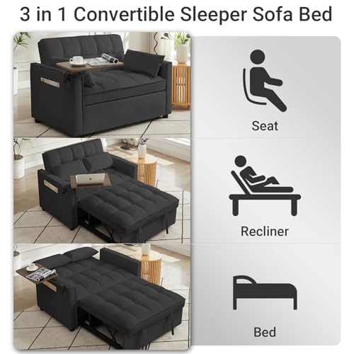3 in 1 Convertible Sleeper Sofa Bed Pull Out Couch Futon Loveseat Velvet Chaise Lounge with 2 Pockets and 2 Pillows for Living Room, Black