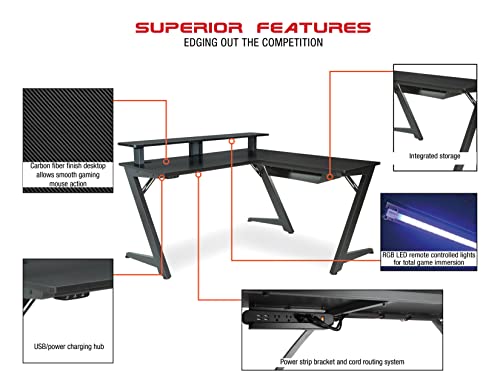 OSP Home Furnishings Avatar Battlestation L-Shape Gaming Desk with Bluetooth RGB LED Lights and Carbon Fiber Surface, Red