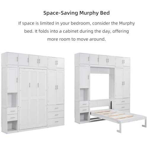 Merax Full Size Murphy Bed Cabinet with Lockers and Storage Wardrobes Shelves, Wood Foldable Hidden Wall Platform Bedframe Chest for Home, Bedroom, Office, Small Room, Apartment