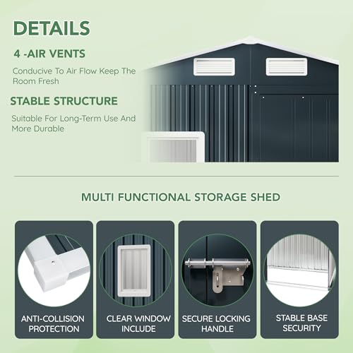 10X12X7.5 FT Outdoor Steel Storage Shed with Lockable Doors, 2 Windows, Transparent Roof Panels (Wood Panels & Frame Floor Not Included), Ideal for Patio Storage,Garbage Can, Chicken Coop，Brown