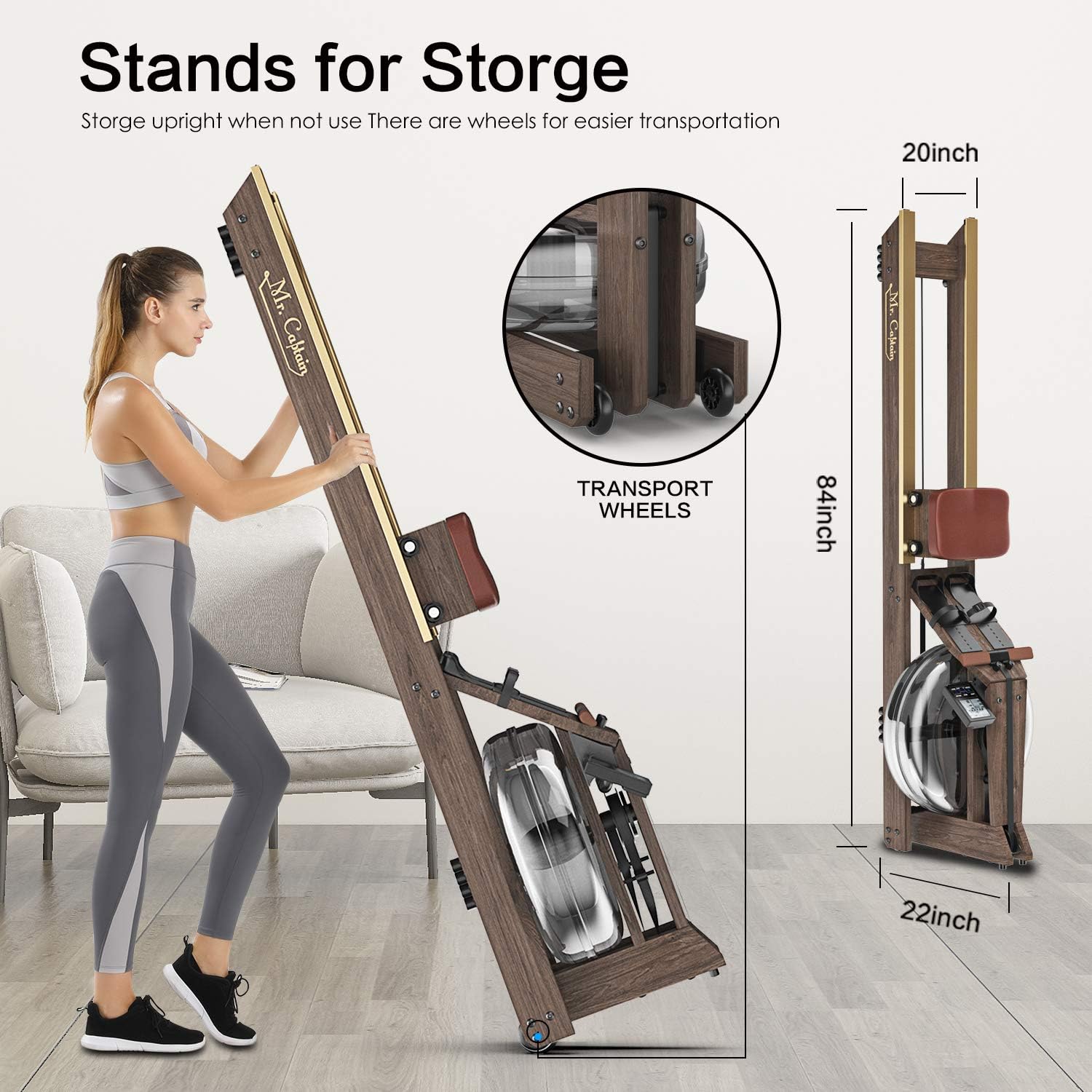 Mr. Captain Rowing Machine for Home Use,Water Resistance Vintage Oak Rower with Bluetooth Monitor