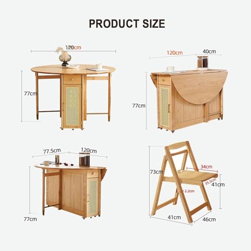 Folding Dining Table, Convertible Wood Round Dining Table for Kitchen/Farmhouse/Living Room, Space Saving Rattan Weaving Dining Room Table with Storage Space