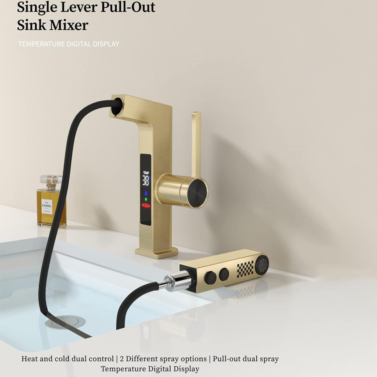 Sink Taps Mixer Tap, Bathroom Faucet with LED Digital Display, Bathroom Sink Faucet with 2- Modes Pull Down Sprayer, Brass Single Handle Basin Mixer Tap,Gray (Color : Rose Gold) (Bianco)