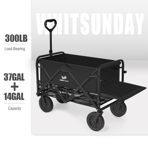 Collapsible Double Decker Wagon with Tailgate, Heavy Duty Foldable Wagon with All-Terrain Big Wheels, Beach Wagon for Camping, Sports, Shopping, Garden Black
