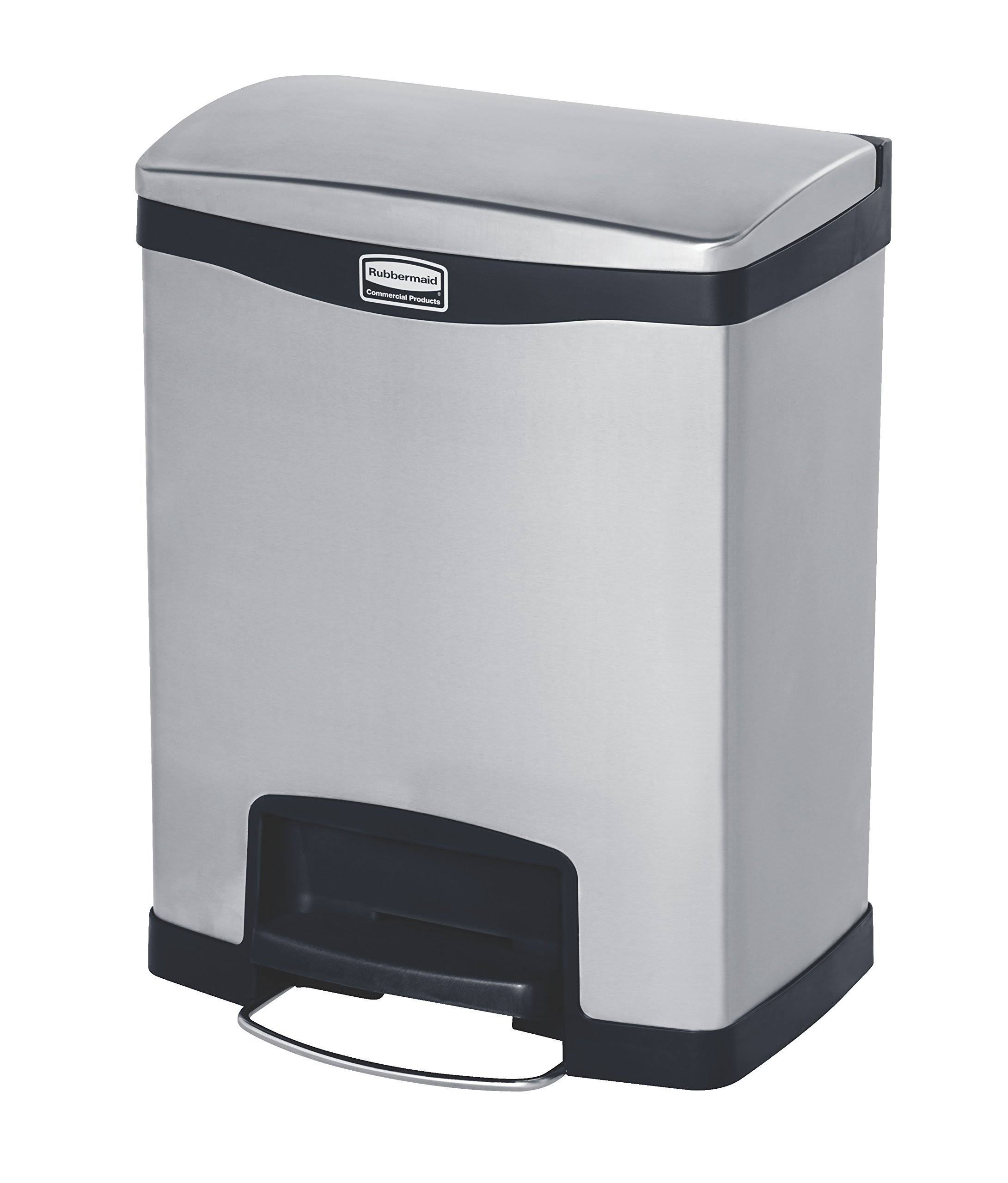 Rubbermaid Commercial Slim Jim Stainless Steel Step-On Container w/Dual Liner, Front Step, 8 gal, Blk