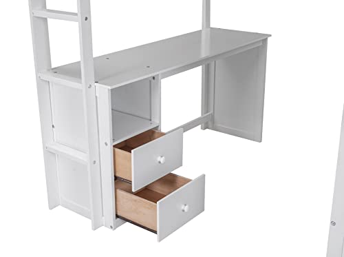 Full Size Loft Bed with Storage Wardrobe and Desk Wooden Loft Beds Frame with Drawers and Cabinet Wood High Loft Beds with Ladder for Kids Teens Adults, White