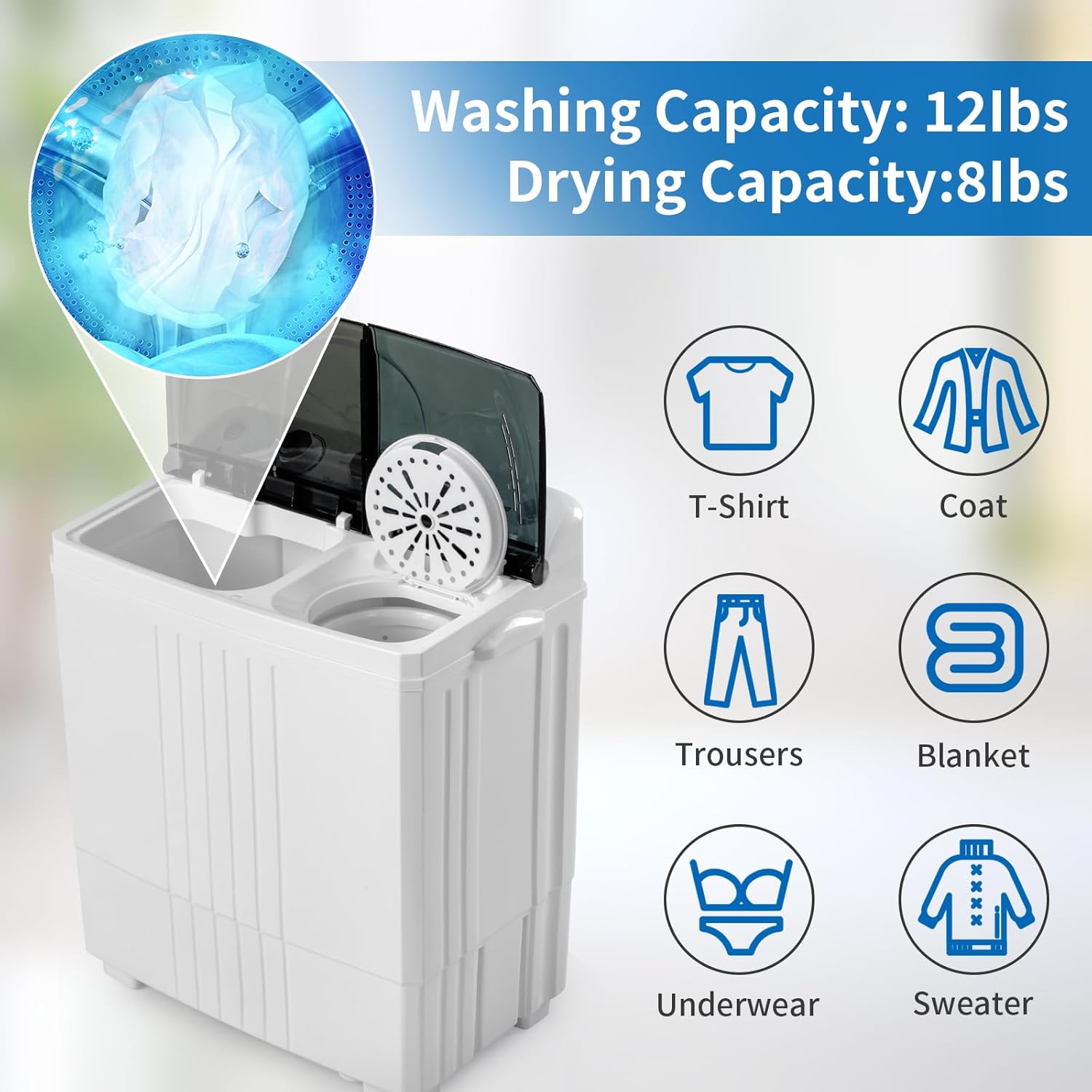 Portable Mini Compact Twin Tub Washing Machine,Washer Spinner Portable Washing Machine, automatic Twin Tube Washing Machine for Apartment, Dorms, RVs, Camping and More, White&Black US Standard