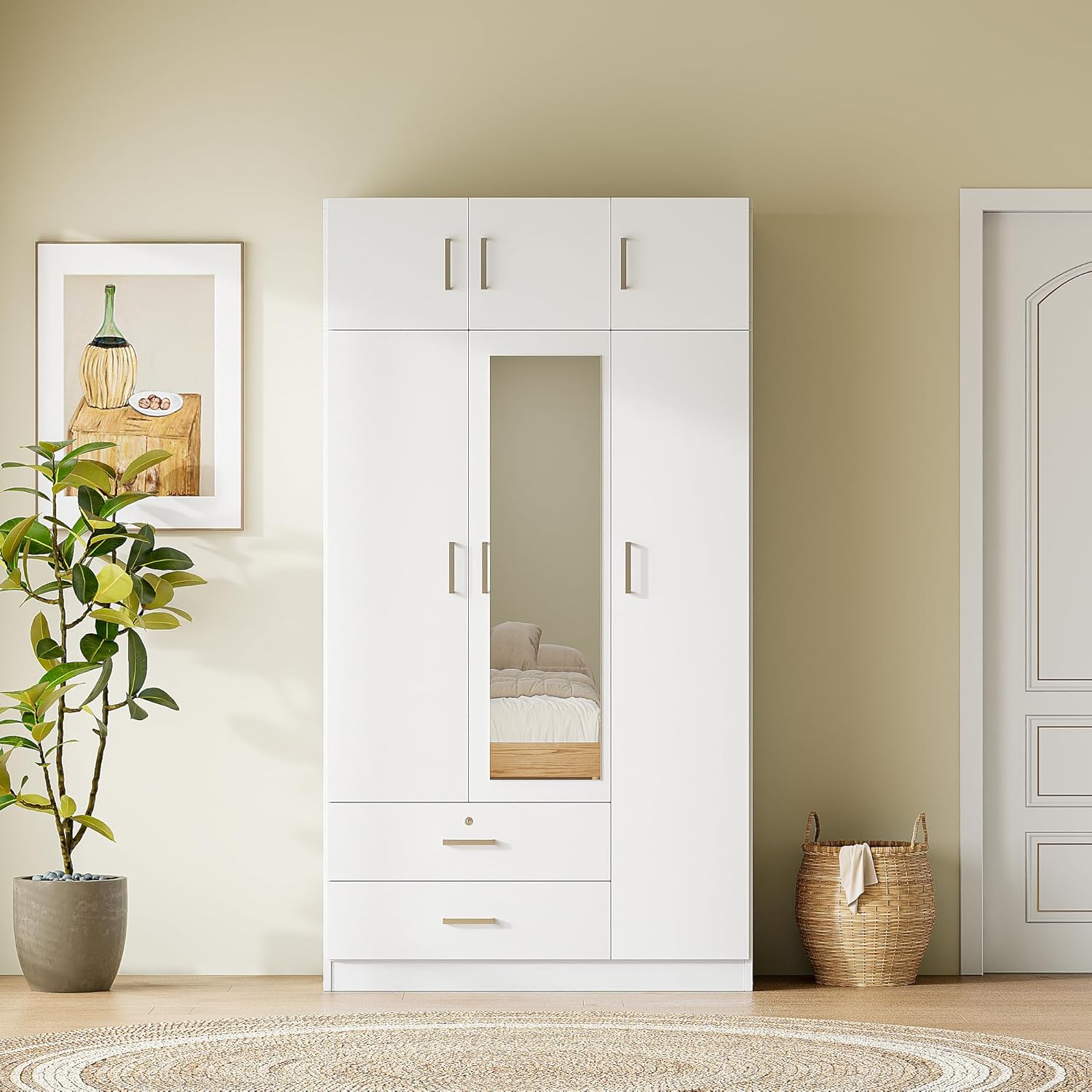 3-Door Mirror Wardrobe Closet, Bedroom Freestanding Storage Armoire Organizer with 2 Drawers and Top Cabinet, 41.30" L x 19.50" W x 81.10" H, White