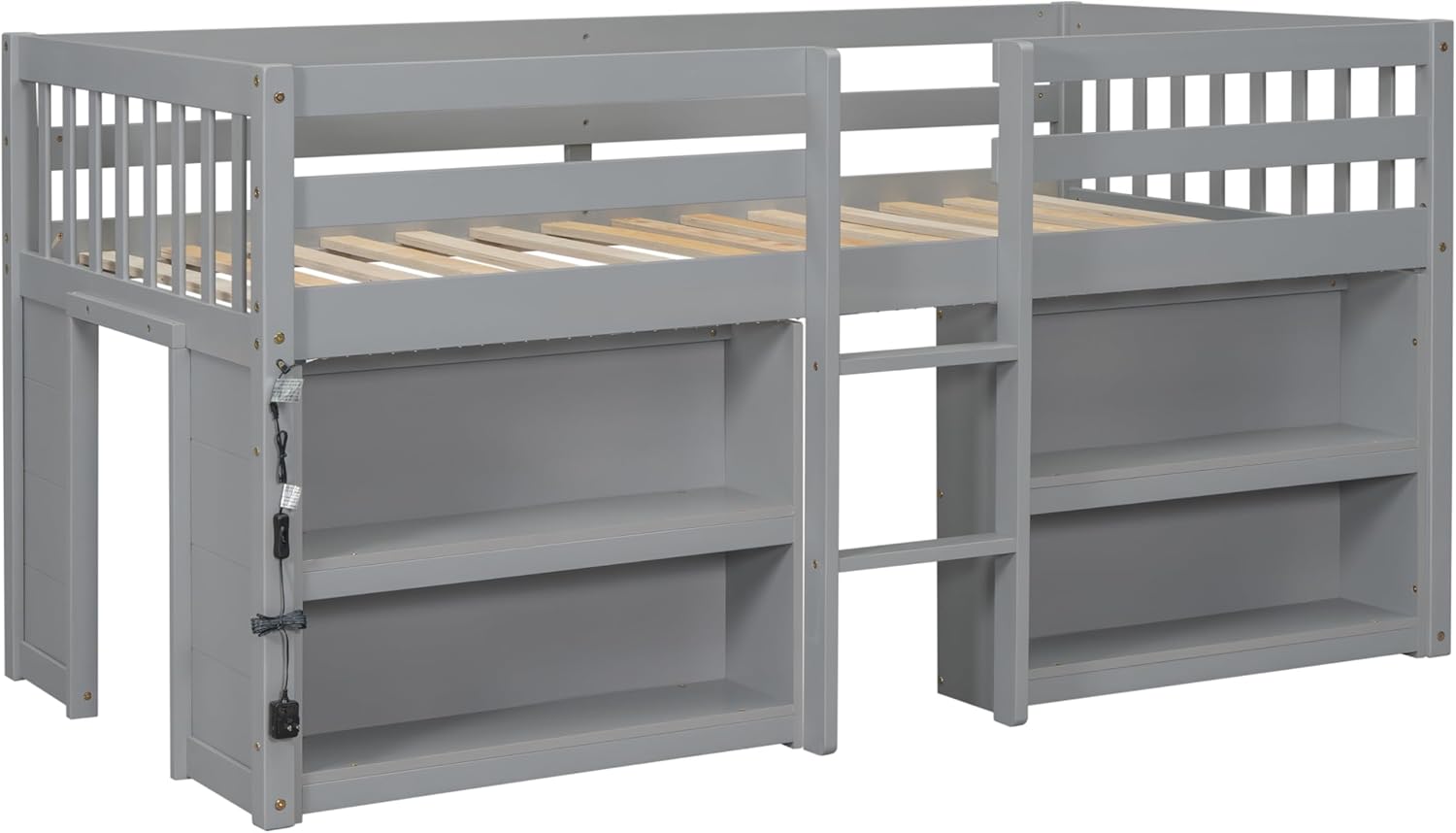 LED Twin Size Low Loft Bed for Kids,Twin Loft Bed with Storage Shelves,Kids Low Loft Bed Frame with LED Light,Space Saving, Grey