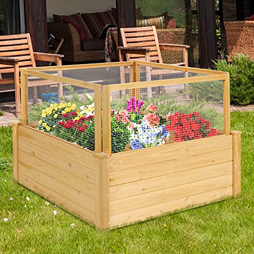 Giantex Raised Garden Bed with Fence, Wood Planter Raised Bed with Critter Guard Fence, 9 Grids Plant Container, Outdoor Plant Box for Garden Patio Backyard Balcony (42" Lx42 Wx32.5 H)
