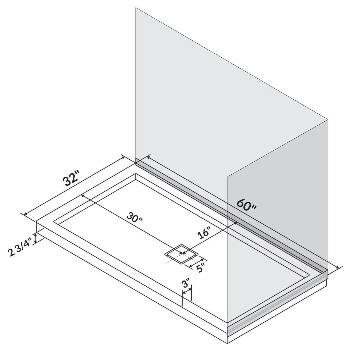 LessCare 60 x 32 Right Double Threshold Shower Pan Base Wall Corner Left Drain