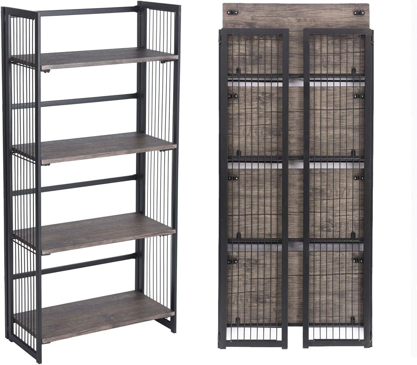 FurnitureR Classics 4-Tier Foldable Bookshelf Vintage Bookcase Modern Wood Look for Home Office