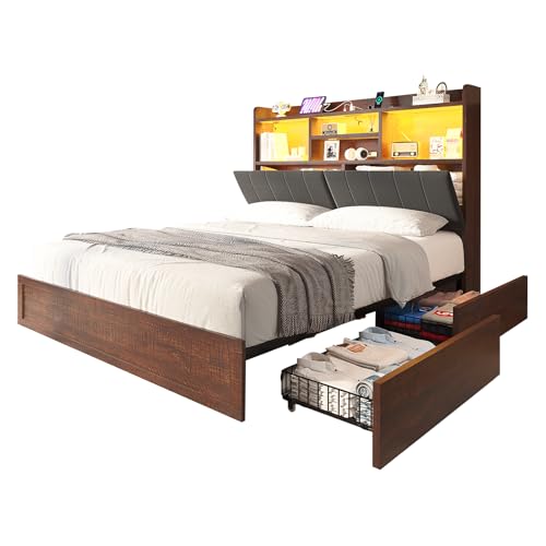 Full Farmhouse Bed Frame with Bookcase Headboard and 4 Drawers, LED Storage Bed with Charging Station & Linen Upholstered, No Box Spring Needed, Black