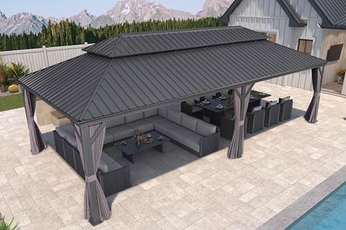 PURPLE LEAF 10' X 14' Permanent Hardtop Gazebo Aluminum Gazebo with Galvanized Steel Double Roof for Patio Lawn and Garden, Curtains and Netting Included, Grey