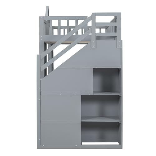 Full Over Full Bunk Beds with Stairs for Kids/Teens, Wooden Convertible Bunk Bed with 2 Storage Drawers, Down Bed Can be Turned Into Desk and Seat, White